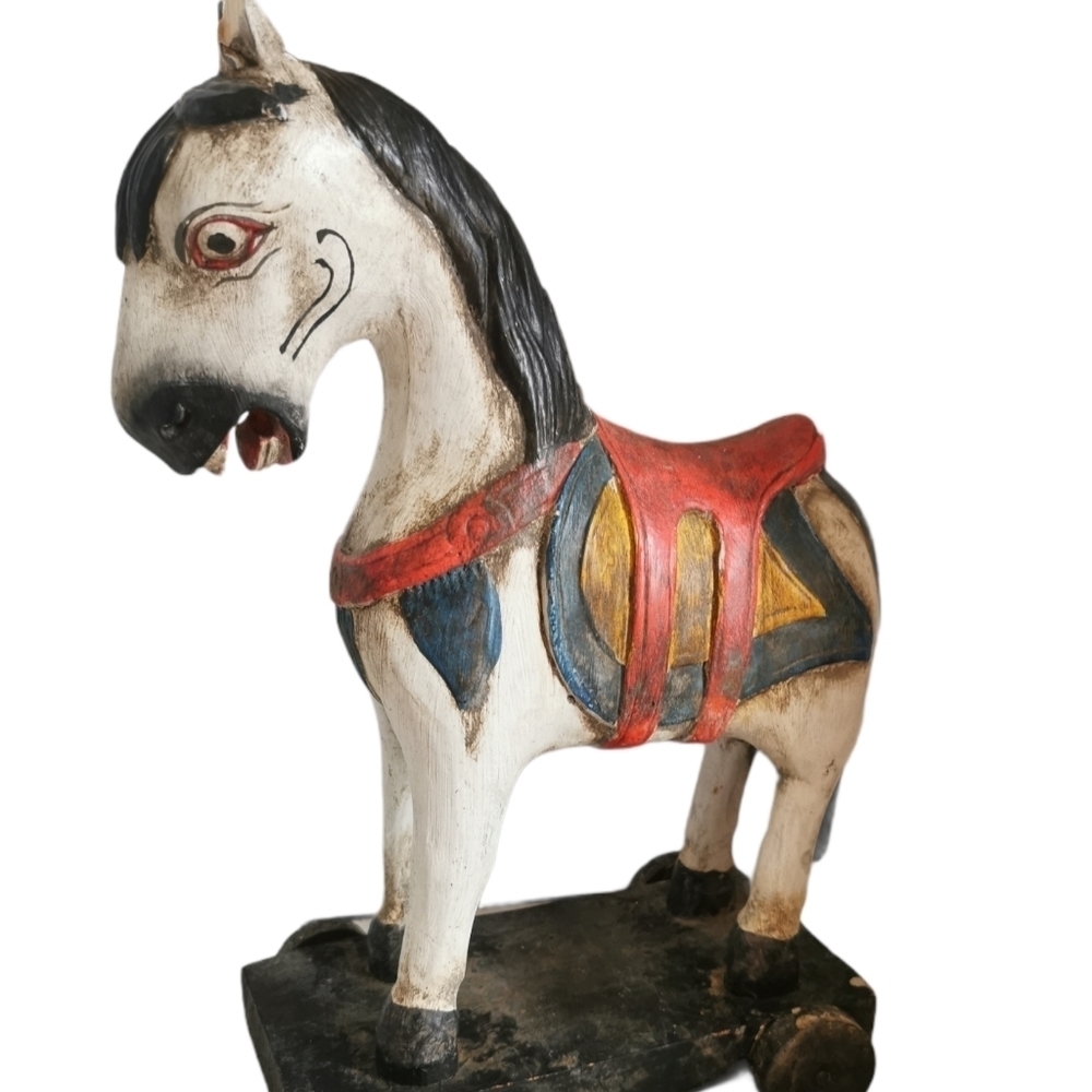 ANTIQUE wooden Pull Toy Horse Wood Wheels Farmhouse primitive folk Art.